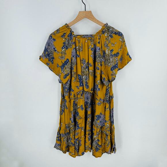 Anthropologie Boho Floral Midi Dress Mustard Yellow Blue Print Flutter Sleeve M - Picture 6 of 8